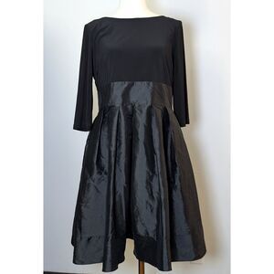 Adrianna Papell Black Fit Flare Dress Bow Back Pleated Skirt 3/4 Sleeve 12P